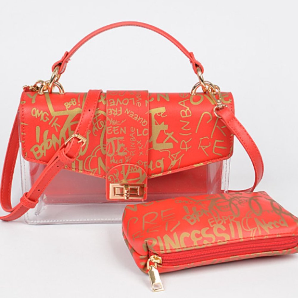 Red & Clear Metallic Graffiti Print Top Handle Bag